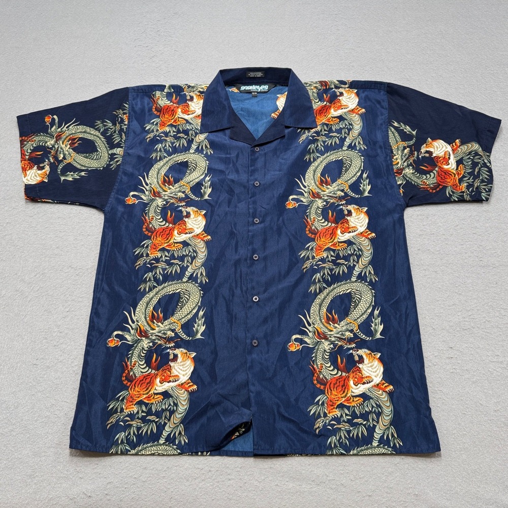 Y2K Snake Eyes Tiger Print Shirt Mens XL Navy Blue Dragon Button Down Streetwear